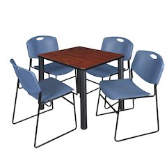 30 in Square Breakroom Table- Cherry Top, Black Legs, 4 Zeng Stack Chairs- Blue