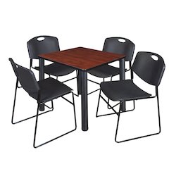 30 in Square Breakroom Table- Cherry Top, Black Legs, 4 Zeng Stack Chairs- Black