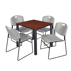 30 in Square Breakroom Table- Cherry Top, Black Legs, 4 Zeng Stack Chairs- Grey