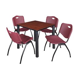 30 in Square Breakroom Table- Cherry Top, Black Legs, 4 M Stack Chairs- Burgundy