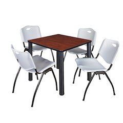 30 in Square Breakroom Table- Cherry Top, Black Legs, 4 M Stack Chairs- Grey