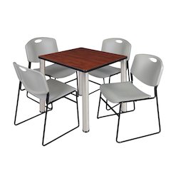 30 in Square Breakroom Table- Cherry Top, Chrome Legs, 4 Zeng Stack Chairs- Grey