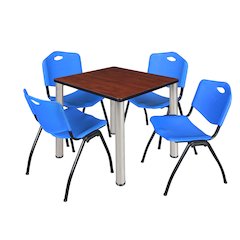 30 in Square Breakroom Table- Cherry Top, Chrome Legs, 4 M Stack Chairs- Blue
