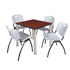 30 in Square Breakroom Table- Cherry Top, Chrome Legs, 4 M Stack Chairs- Grey