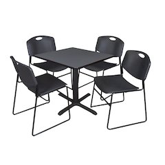 Small 30 in. Square X-Base Breakroom Table- Grey & 4 Zeng Stack Chairs- Black