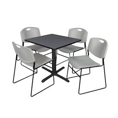 Small 30 in. Square X-Base Breakroom Table- Grey & 4 Zeng Stack Chairs- Grey