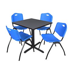 Small 30 in. Square X-Base Breakroom Table- Grey & 4 M Stack Chairs- Blue