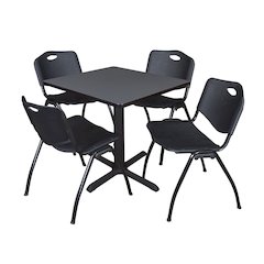 Small 30 in. Square X-Base Breakroom Table- Grey & 4 M Stack Chairs- Black