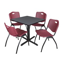 Small 30 in. Square X-Base Breakroom Table- Grey & 4 M Stack Chairs- Burgundy