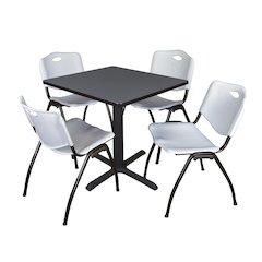 Small 30 in. Square X-Base Breakroom Table- Grey & 4 M Stack Chairs- Grey