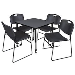 30 in. Square Adjustable Classroom Table- Grey & 4 Zeng Stack Chairs- Black