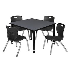 30 Square Adjustable Classroom Table- Grey & 4 Andy 12 Stack Chairs- Black