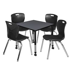 30 Square Mobile Classroom Table- Grey & 4 Andy 18 Stack Chairs- Black