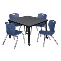 30 Square Mobile Adjustable Classroom Table- Grey & 4 Andy 12 Stack Chairs- Blue