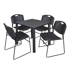30 in Square Breakroom Table- Grey Top, Black Legs, 4 Zeng Stack Chairs- Black
