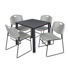 30 in Square Breakroom Table- Grey Top, Black Legs, 4 Zeng Stack Chairs- Grey