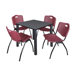 30 in Square Breakroom Table- Grey Top, Black Legs, 4 M Stack Chairs- Burgundy