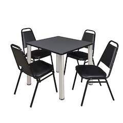 30 in Square Breakroom Table- Grey Top, Chrome Legs, 4 Restaurant Stack Chairs