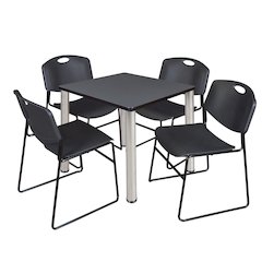 30 in Square Breakroom Table- Grey Top, Chrome Legs, 4 Zeng Stack Chairs- Black
