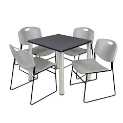 30 in Square Breakroom Table- Grey Top, Chrome Legs, 4 Zeng Stack Chairs- Grey