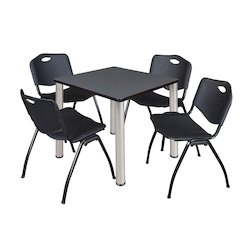30 in Square Breakroom Table- Grey Top, Chrome Legs, 4 M Stack Chairs- Black