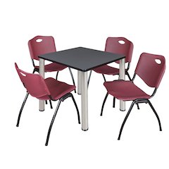30 in Square Breakroom Table- Grey Top, Chrome Legs, 4 M Stack Chairs- Burgundy