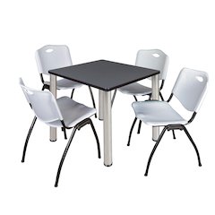 30 in Square Breakroom Table- Grey Top, Chrome Legs, 4 M Stack Chairs- Grey