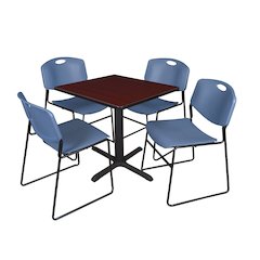 Small 30 in. Square X-Base Breakroom Table- Mahogany & 4 Zeng Stack Chairs- Blue
