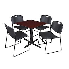 Small 30 Square X-Base Breakroom Table- Mahogany & 4 Zeng Stack Chairs- Black