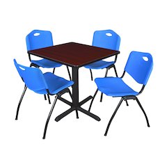Small 30 in. Square X-Base Breakroom Table- Mahogany & 4 M Stack Chairs- Blue