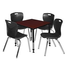 30 Square Adjustable Classroom Table- Mahogany & 4 Andy 18 Stack Chairs- Black