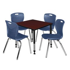 30 Square Adjustable Classroom Table- Mahogany & 4 Andy 18 Stack Chairs- Blue