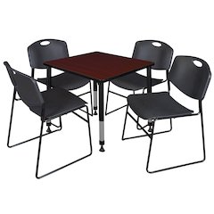 30 in. Square Adjustable Classroom Table- Mahogany & 4 Zeng Stack Chairs- Black
