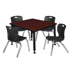 30 Square Adjustable Classroom Table- Mahogany & 4 Andy 12 Stack Chairs- Black