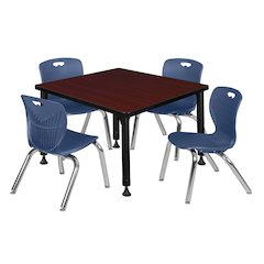 30 Square Adjustable Classroom Table- Mahogany & 4 Andy 12 Stack Chairs- Blue