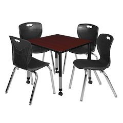 30 Square Mobile Classroom Table- Mahogany & 4 Andy 18 Stack Chairs- Black