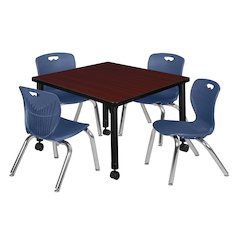 30 Square Mobile Classroom Table- Mahogany & 4 Andy 12 Stack Chairs- Blue