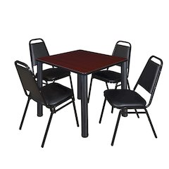 30 Square Breakroom Table- Mahogany Top, Black Legs, 4 Restaurant Stack Chairs