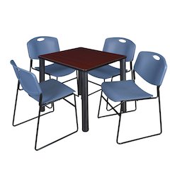 30 Square Breakroom Table- Mahogany Top, Black Legs, 4 Zeng Stack Chairs- Blue