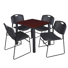 30 Square Breakroom Table- Mahogany Top, Black Legs, 4 Zeng Stack Chairs- Black