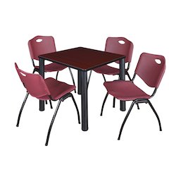 30 Square Breakroom Table- Mahogany Top, Black Legs, 4 M Stack Chairs- Burgundy