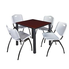 30 in Square Breakroom Table- Mahogany Top, Black Legs, 4 M Stack Chairs- Grey