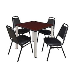 30 Square Breakroom Table- Mahogany Top, Chrome Legs, 4 Restaurant Stack Chairs