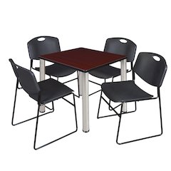 30 Square Breakroom Table- Mahogany Top, Chrome Legs, 4 Zeng Stack Chairs- Black