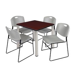 30 Square Breakroom Table- Mahogany Top, Chrome Legs, 4 Zeng Stack Chairs- Grey