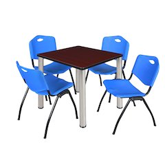30 in Square Breakroom Table- Mahogany Top, Chrome Legs, 4 M Stack Chairs- Blue