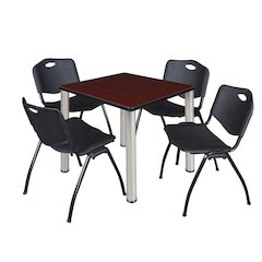 30 in Square Breakroom Table- Mahogany Top, Chrome Legs, 4 M Stack Chairs- Black