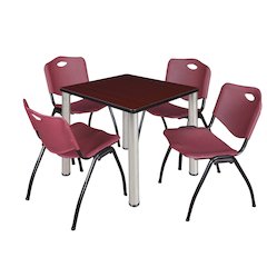 30 Square Breakroom Table- Mahogany Top, Chrome Legs, 4 M Stack Chairs- Burgundy