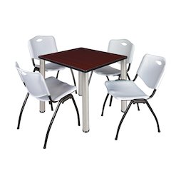 30 in Square Breakroom Table- Mahogany Top, Chrome Legs, 4 M Stack Chairs- Grey