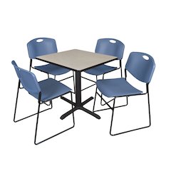 Small 30 in. Square X-Base Breakroom Table- Maple & 4 Zeng Stack Chairs- Blue
